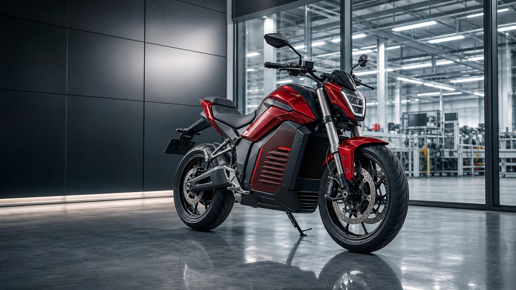 AH EV red electric motorcycle factory showroom visual